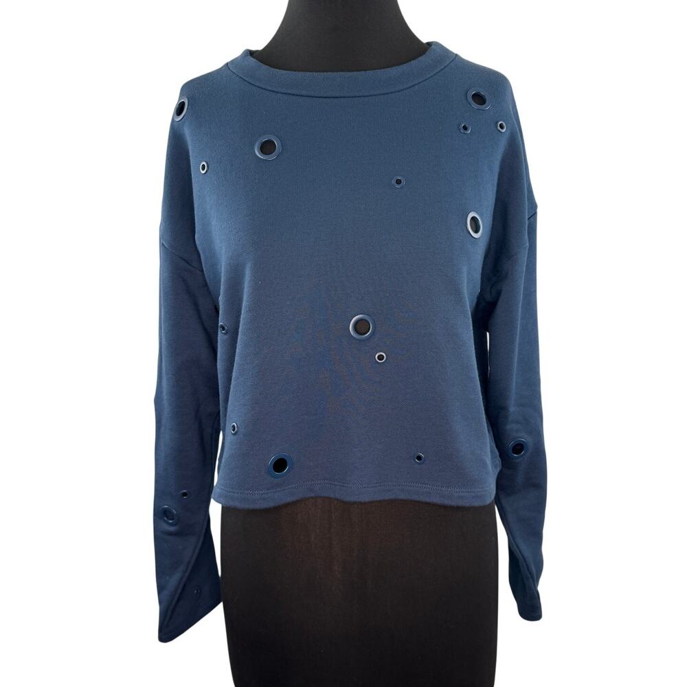 Alo Yoga Cadence Grommet Navy Crop Sweatshirt Drop Shoulder Pullover Sz M Medium